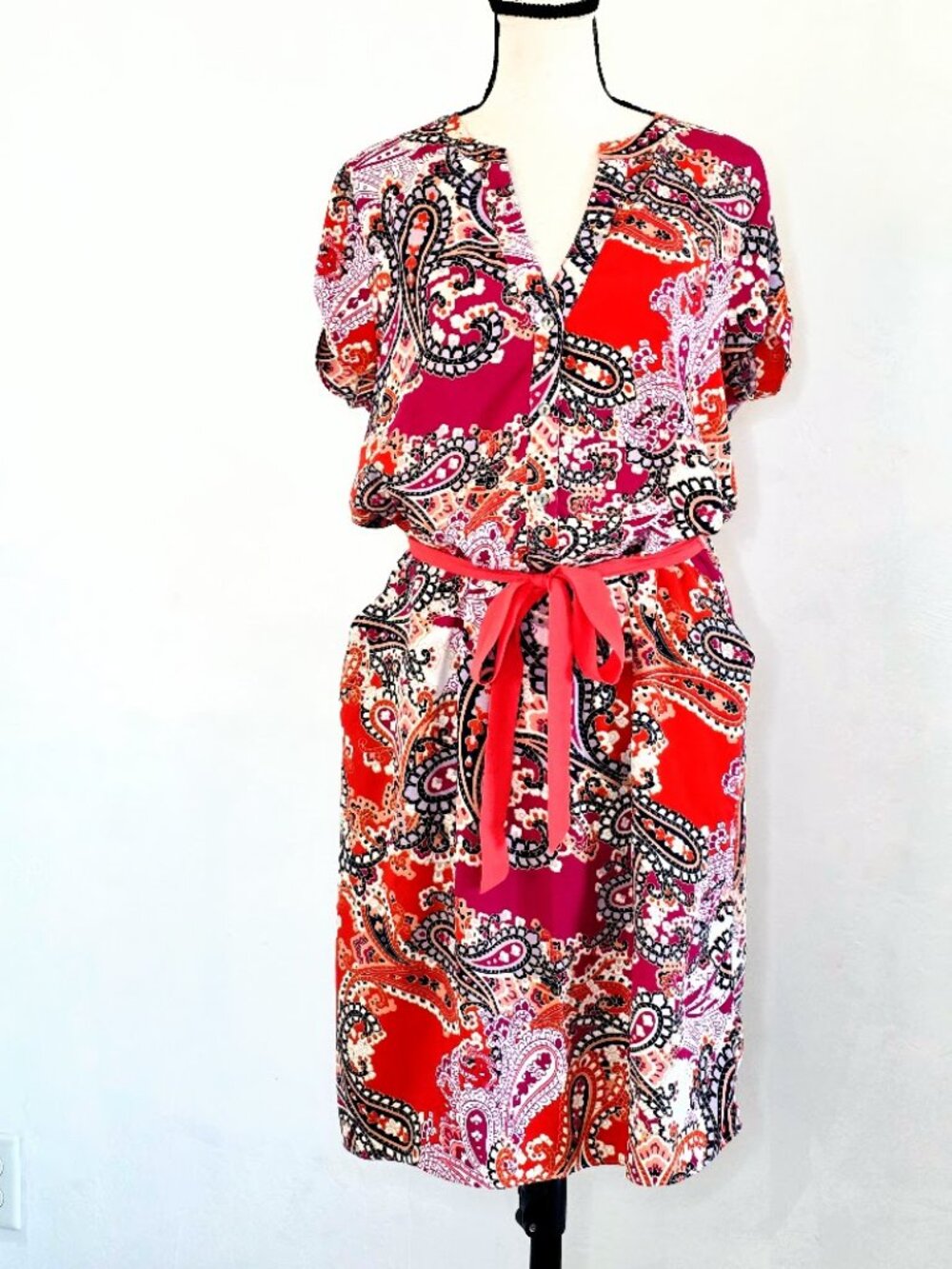 Tommy Hilfiger Paisley Shift Dress Red Pink Coral Sash Waist Size Large